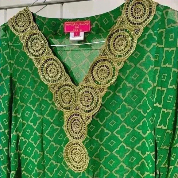 MONISHA JAISING FOR TABLA - GREEN TILE PATERN LONG TUNIC Gold TRIM Size S NWOT - Picture 9 of 9